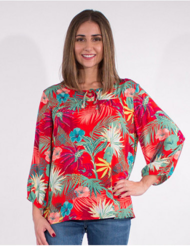 Blouse chemisier pour femme rouge imprimé tropical