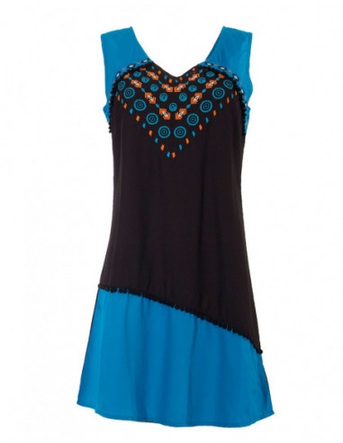 Robe courte bicolore boho ethnique bleu et noir