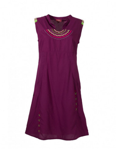 Robe courte originale ethnique brodée mauve