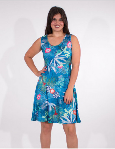 Robe ethnique courte patineuse imprimé tropical pétrole