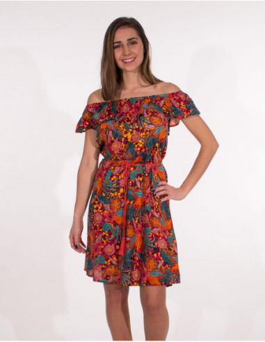 Robe courte col à volant épaules nues fleuri rouge