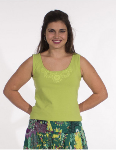Anise green basic sleeveless tank top with boho pattern on the chest