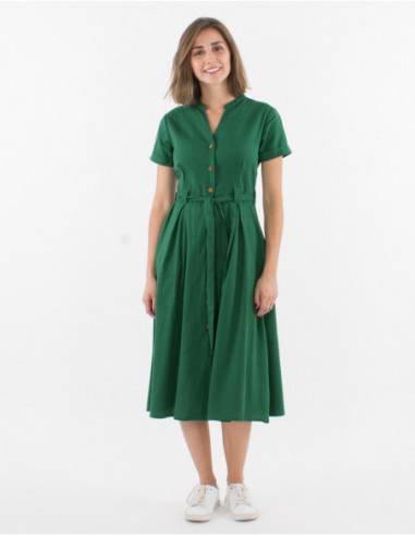 Robe longue effet bohème unie vert kaki boutonnée avec ceinture à nouer pour femme