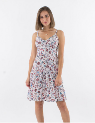 Robe courte confortable à fines bretelles écru avec motifs fleurs bohème tendance