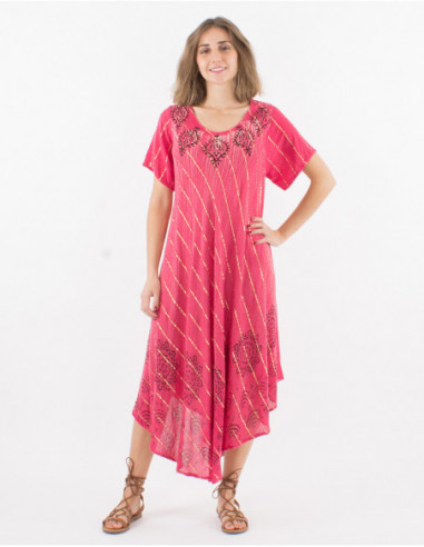 Robe longue légère transparente pour la plage originale et baba cool rose fuchsia avec touches dorées