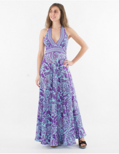 Robe longue dos nu col V plongeant pour toutes silhouettes imprimée bohème végétal fleurs bleu turquoise