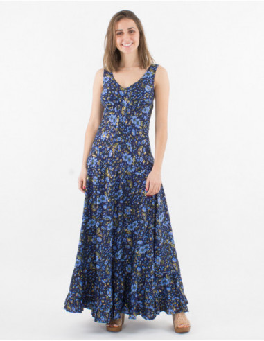 Robe longue bretelles pour l'été à volants chic et féminine avec motif fleurs originales vert et doré