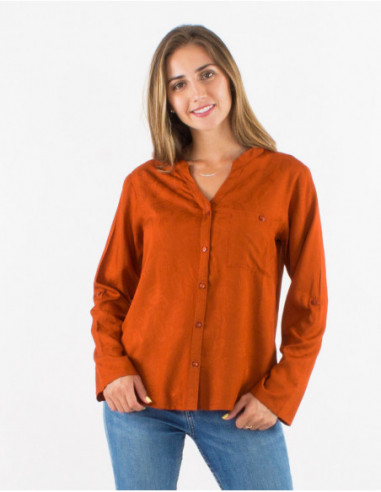 Chemise fluide manches réglables pour femme imprimé cachemire ton sur ton rouille