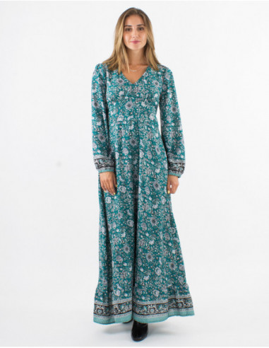 Robe longue fluide bohème chic à imprimé fleuri bleu émeraude