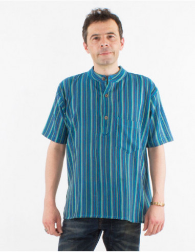 Chemise homme col mao à boutons en cotons népalais bleu turquoise