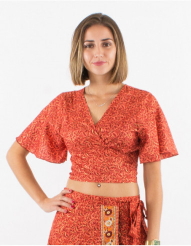 Fuchsia pink gold arabesque print short wrap top