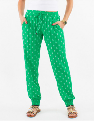 Fluid pants with pockets and smocks comfortable bohemian chic print green