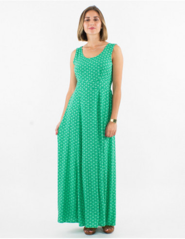 Long flowing fitted dress for summer with mint green print and small white patterns