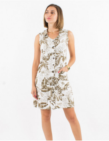 Short chic dress with linen for summer sleeveless and bohemian leaves