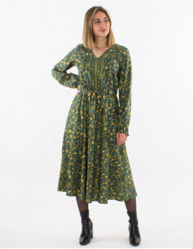 Original fall calf-length dress in chic gold-green floral print