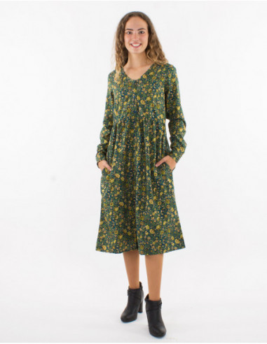 Robe midi à boutons romantique motif petites fleurs dorées pour l'automne