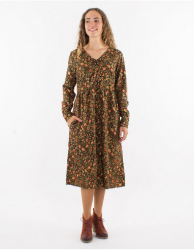 Robe midi à boutons romantique motif petites fleurs dorées pour l'automne