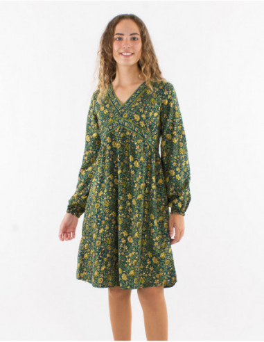 Robe courte évasée originale à petites fleurs dorées automnale