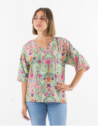 3/4-sleeve cashmere printed blouse