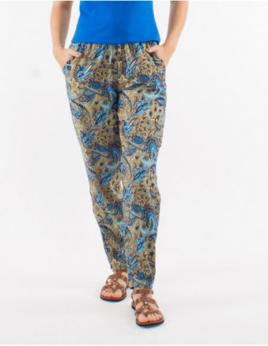 Pantalon droit boho fluide motifs dorés