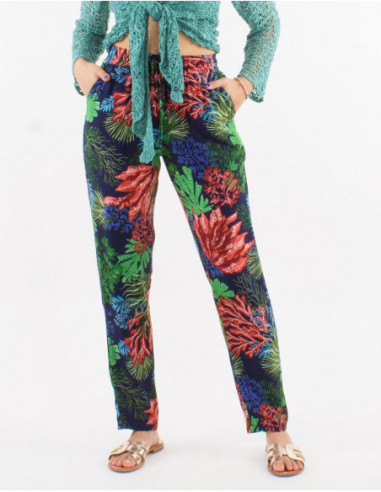 Pantalon fluide droit à imprimé tropical