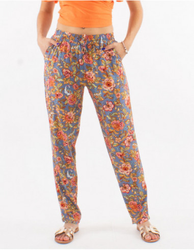 Pantalon droit été à fleurs aquarelles