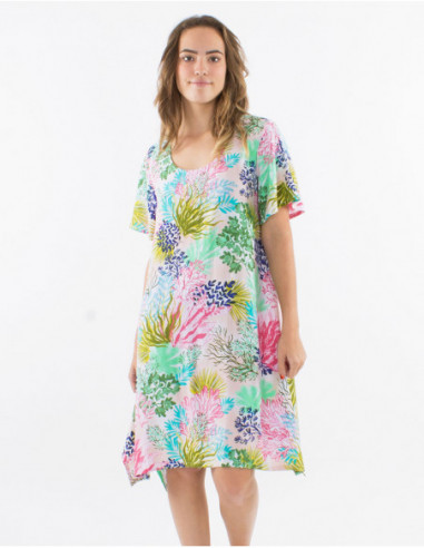 Robe droite en viscose motif tropical