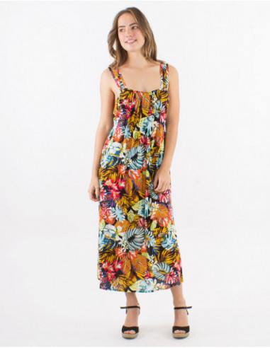 Midi dress with straps tropical pattern