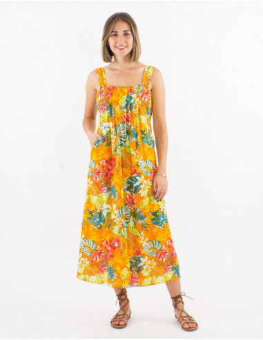 Midi dress with straps tropical pattern