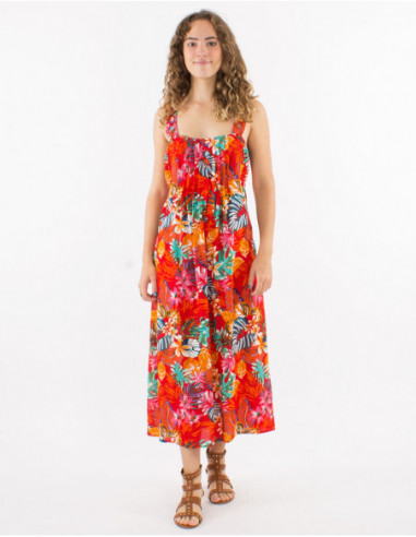 Midi dress with straps tropical pattern