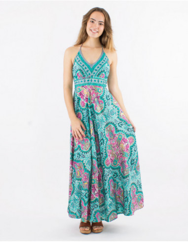 Robe longue dos nu motif cachemire