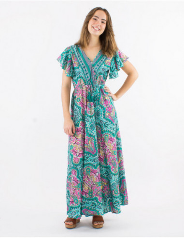 Robe longue à volants motif cachemire