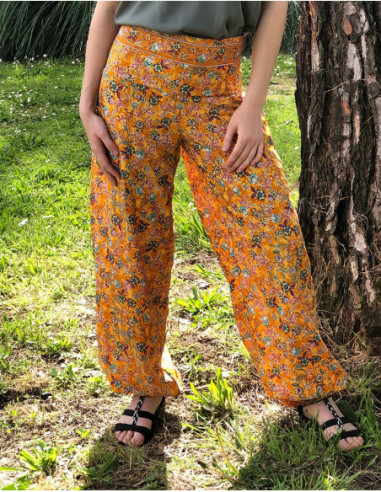 Pantalon élastiqué bohème fleuri doré