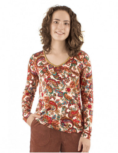 Cashmere patterns T-shirt with V-neck