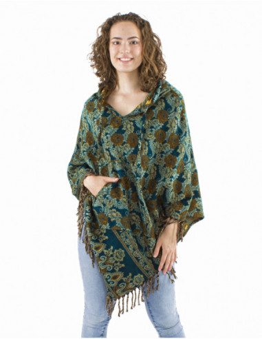 Poncho original motif à fleurs, capuche