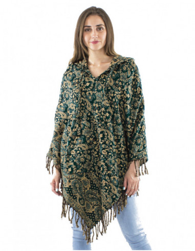 Boho poncho with hood and fringes