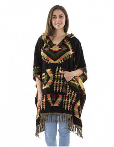 Poncho motif ethnique, capuche