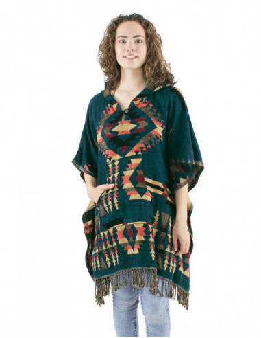 Poncho motif ethnique, capuche